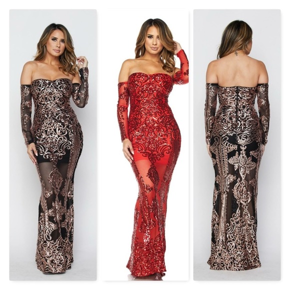 off shoulder sequin maxi dress